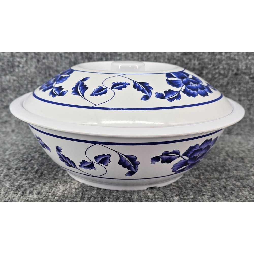 Thunder Group Melamine Serving Bowl 10x5" White Blue Floral Lotus Lidded 8010T
